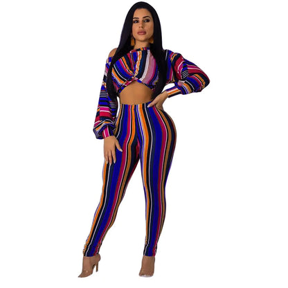 Style Loft Collection Bahama Bombshell Striped Long Crop Top and Leggings Two-Piece Set