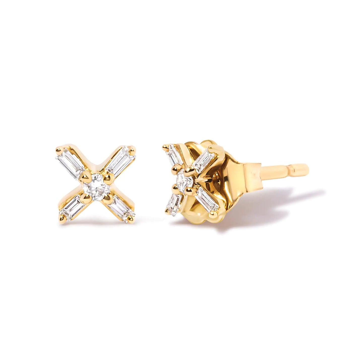 Style Loft Collection 10K Yellow Gold 1/10 Ctw Round and Baguette Diamond Criss Cross X Stud Earring (H-I Color, I1-I2 Clarity)