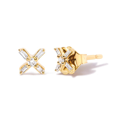 Style Loft Collection 10K Yellow Gold 1/10 Ctw Round and Baguette Diamond Criss Cross X Stud Earring (H-I Color, I1-I2 Clarity)