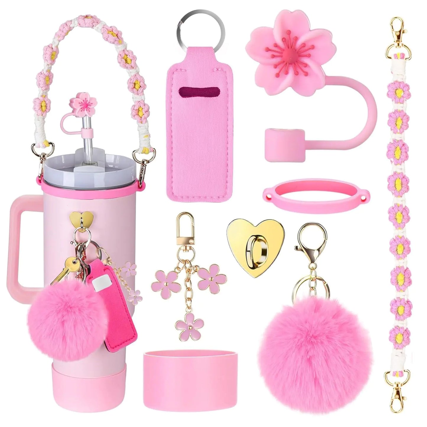 Style Loft Collection Stanley Cup Accessories Set 1 Pcs Water Bottle Handle Strap 1 Pcs Siliocne Stanley Cup Boot 1Pcs Flower Stanley Straw Cover3 Pcs Stanley Charms for Stanley Cup 40 30 oz Tumbler (Pink（update）)