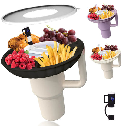 Style Loft Collection Stanley Snack Tray with Lid and Straw Covers Cap，Compatible with Stanley Cup 40 oz Stanley Cup Accessories for Car Cup Holder Home PartyOutdoor，Silicone Snack Bowl Black