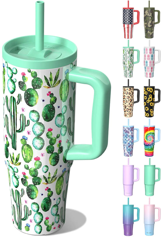 Style Loft Collection 30 oz Tumbler with Handle and Straw Lid Leak-Proof Cupholder Friendly Travel Mug Stainless Steel Double Wall Vacuum Insulated Tumbler for Water Iced Coffee or Tea (Cactus)