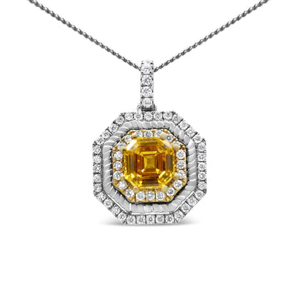 (.07) Style Loft Collection 18K White and Yellow Gold 2 1/4 Ctw Lab Grown Yellow Asscher Cut Diamond Art Deco Style Halo 18" Pendant Necklace (Yellow/G-H Color, VS1-VS2 Clarity)