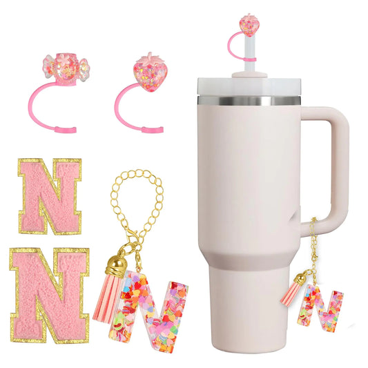 Style Loft Collection Stanley Cup Accessories Including Silicone Straw Cover Cap Letter Glitter Stanley Charms with Chain and Letter Stickers for Stanley Cup 30 40 OZ for Girls Women