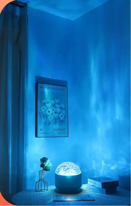 Blue crystal ball light emitting a water ripple effect in a room setting with product details on an orange background.