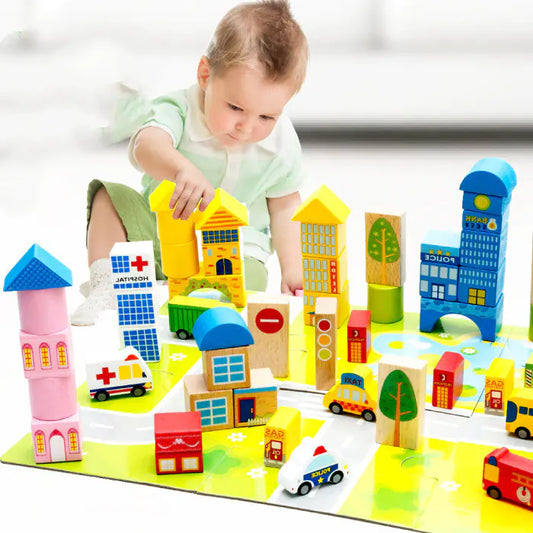 Style Loft Collection KidStyle 62-Piece City Traffic Wooden Building Blocks Set