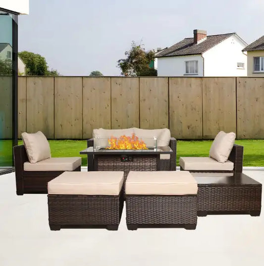 Style Loft Collection All-Weather 8-Piece Wicker Rattan Patio and Fireplace