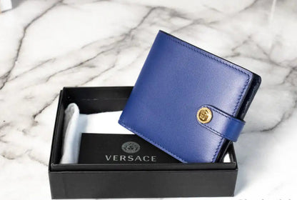 Style Loft Collection x Versace Navy Blue Compact Leather Medusa Snap Bifold Wallet