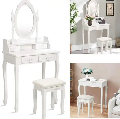Style Loft Collection Elegant Vanity Table Set with Oval Mirror and Stool