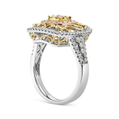Style Loft Collection Halo and Milgrain Cocktail Cluster 14K Tri-Toned Gold 1.00 Cttw Yellow Diamond Ring (Yellow/G-H Color, SI1-SI2 Clarity) - Ring Size 7