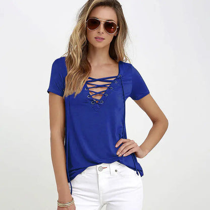 Style Loft Collection Afternoon Safari V-Neck Solid Color Tie T-Shirt