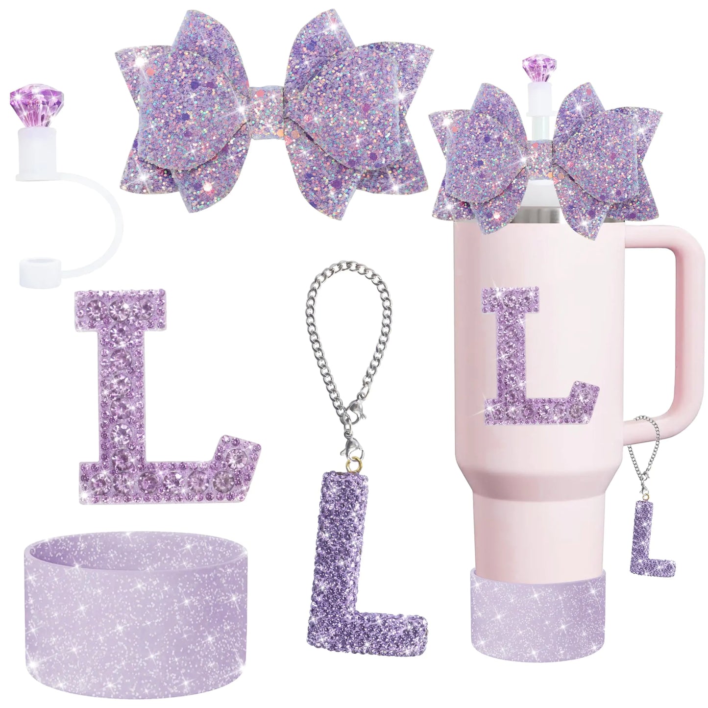Style Loft Collection 5Pcs Stanley Cup Accessories SetLetter Charm for Stanley CupsIncluding Diamond StrawBow StrawSparkly Silicone Boot for Stanley Cup 30oz or 40oz(Purple L)