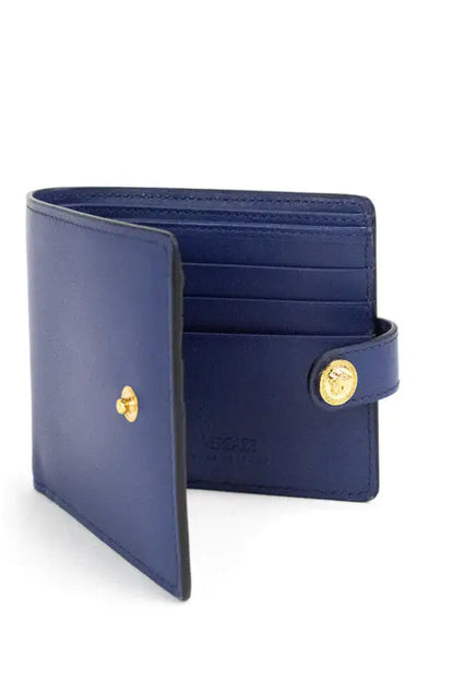 Style Loft Collection x Versace Navy Blue Compact Leather Medusa Snap Bifold Wallet